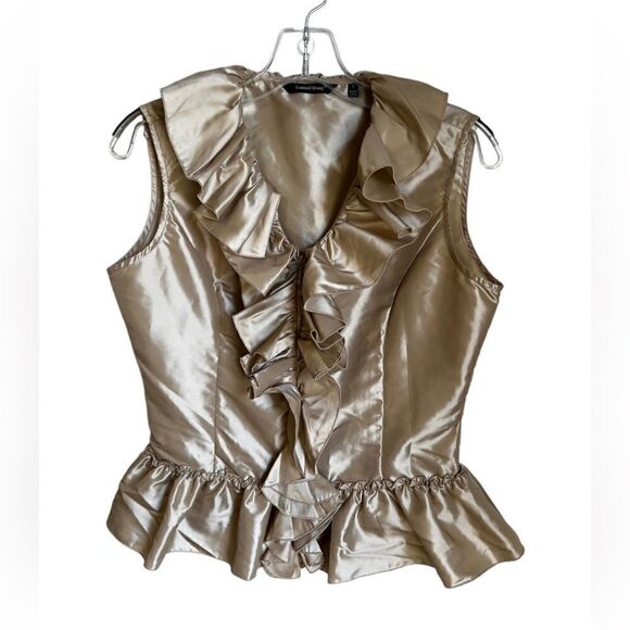 Samuel Dong Ruffled Zip Up Sleeveless Peplum Blouse Sz S  Beige. - Picture 1 of 5